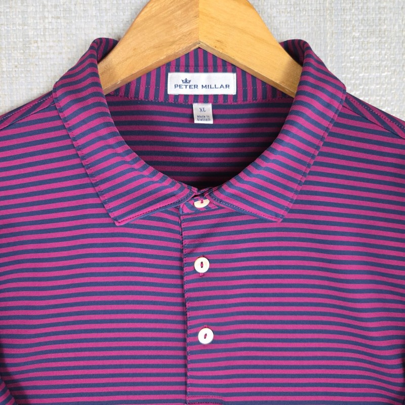 PETER MILLAR Mens Performance Polo Shirt Size XL Magenta Blue Stripe Golf gallery