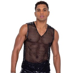Fishnet Tank Top Studded Vinyl Trim V Neckline Sheer Mesh Black 6330 Small