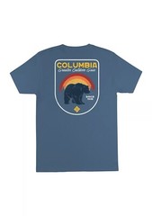 Columbia Size M Graphic Back T-Shirt Mens Blue Short Sleeve Crew 100% Cotton Tee