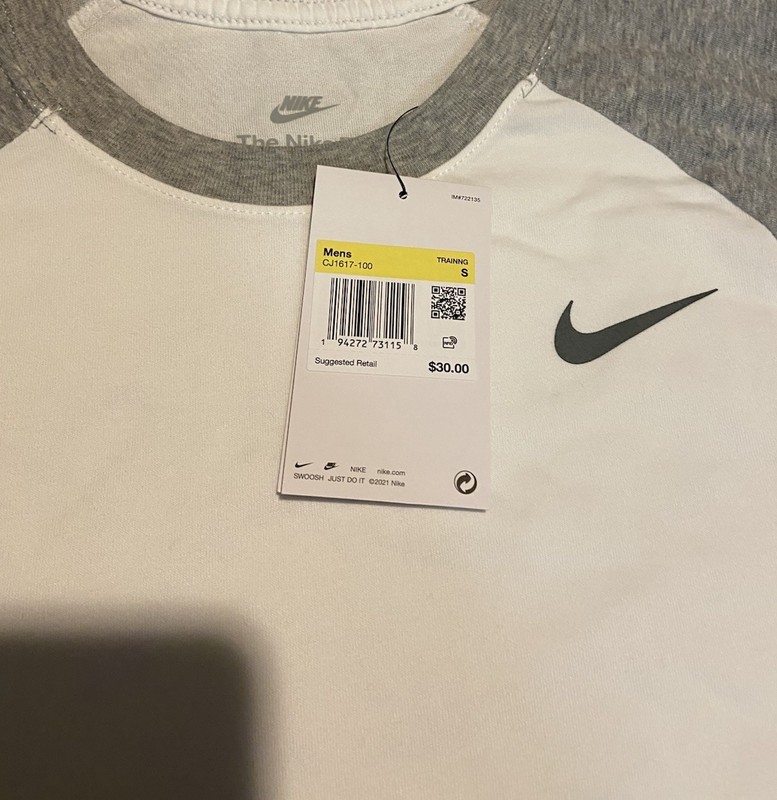 NEW! Size Small Nike Dri Fit Baseball Shirt Mens White Grey Raglan 3/4 Sleeve gallery