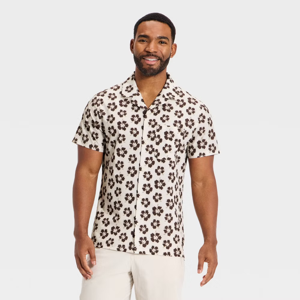 Men Hibiscus Print Grid Woven Button-Down Shirt - All In Motion White gallery