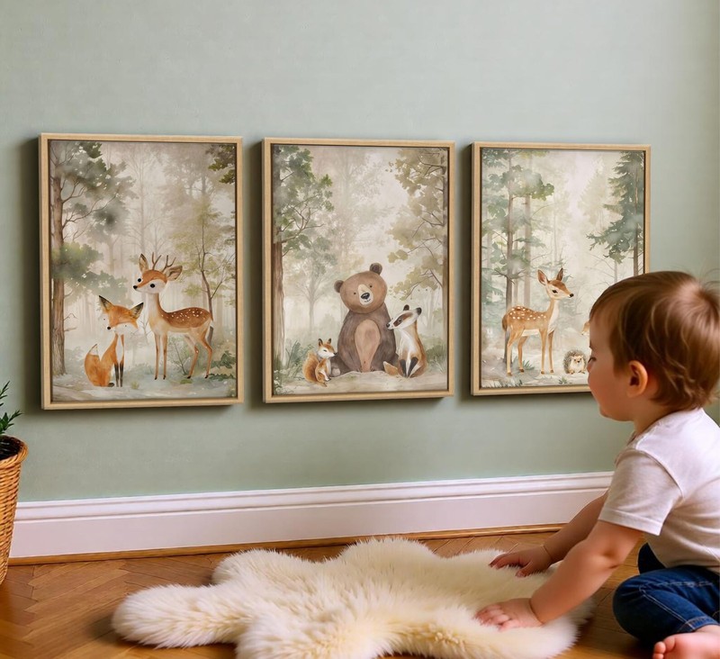 Framed Woodland Animal Nursery Canvas wall art Wild Animals Forest Paintings Pic gallery