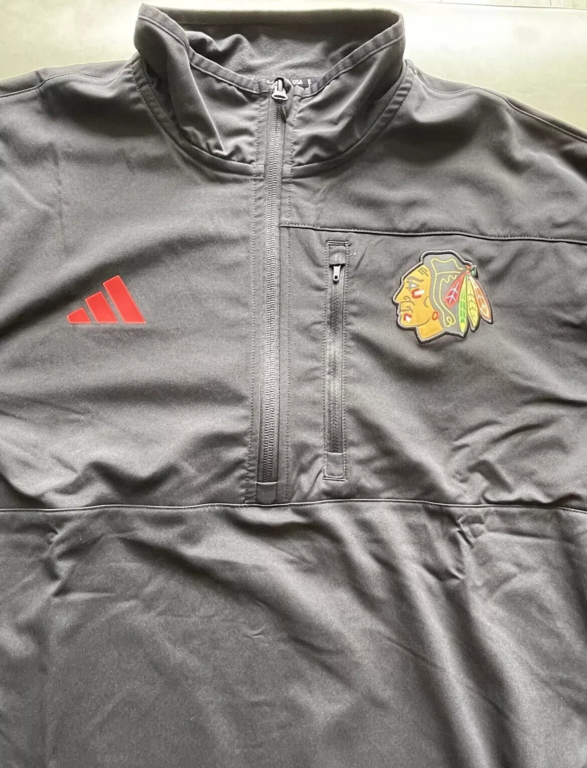 Chicago Blackhawks 1/4 Zip Pullover Adidas NHL Fleece Mens Large Black IP5822 gallery