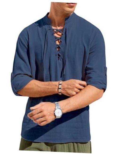 Men's Summer T-Shirt V-Neck Drawstring Tied Collar Long Sleeve Small Navy gallery