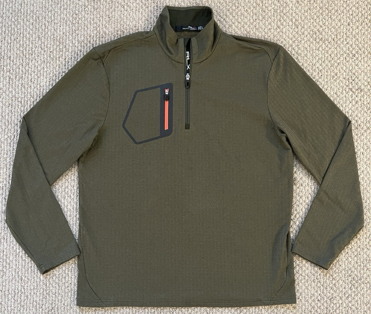 RLX Ralph Lauren Jacket Pullover Men’s L Green Herringbone 1/4 Zip Mock Neck gallery