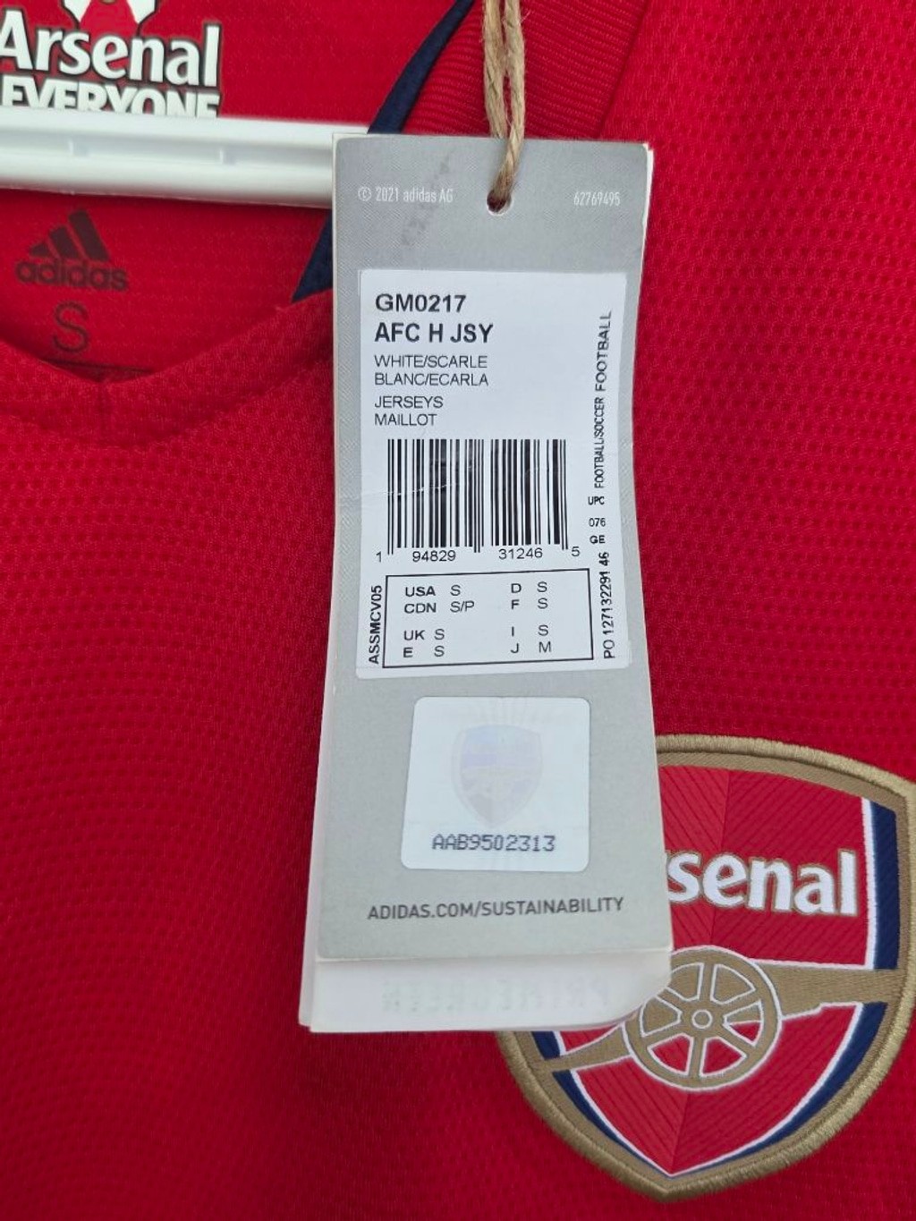 NWT Arsenal 2021-2022 Adidas Home Kit Mens Small Shirt Authentic Blank Back gallery
