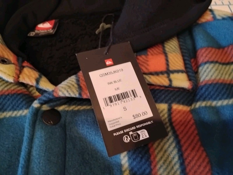 MENS SMALL QUICKSILVER THICK LS SNAP UP TEAL/ORANGE COLLAR/HOODIE - NWT gallery