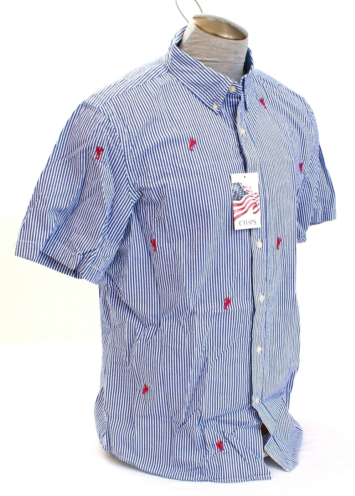 Chaps Blue & White Stripe Seersucker Lobster Button Front Shirt Men's NWT gallery