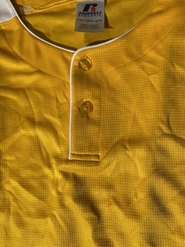 Russell Athletic Baseball Jersey Men’s 3XL Yellow White Button Henley Mesh Shirt gallery