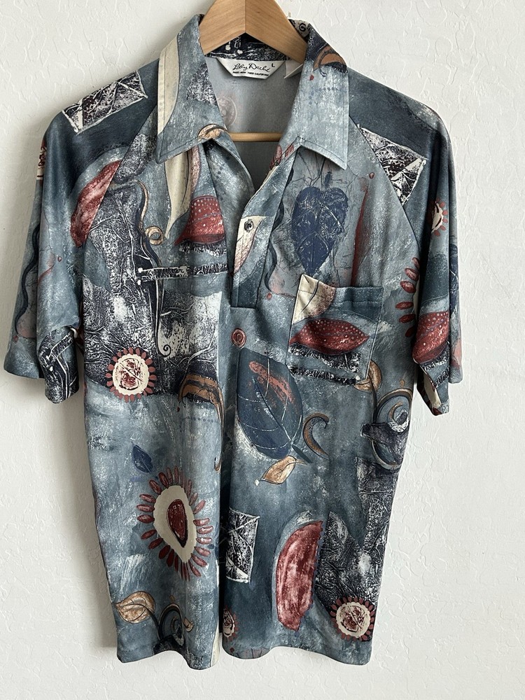 VTG LILLY DACHE Shirt Men’s Large Multi Color Polo Open Collar 70s USA Disco