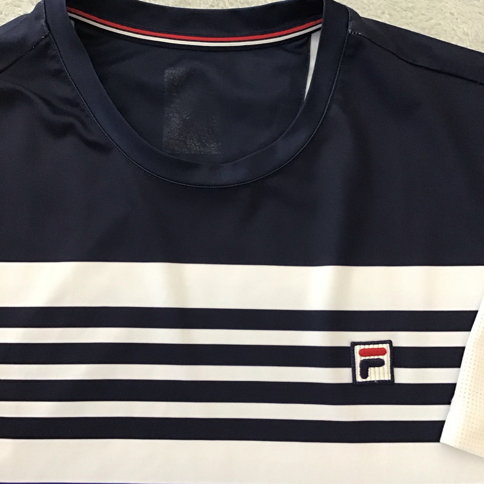 FILA Men's Navy White Red Striped Breathable Logo Short Sleeve Activewear T-Shi… gallery