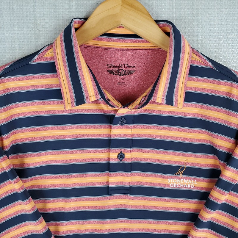 STRAIGHT DOWN Size Large Blue/Orange Striped Mens Golf Polo Shirt Performance gallery