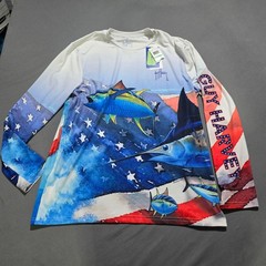 Guy Harvey Fishing Shirt Mens Large Multi Color USA Flag Marlin Tuna NWT