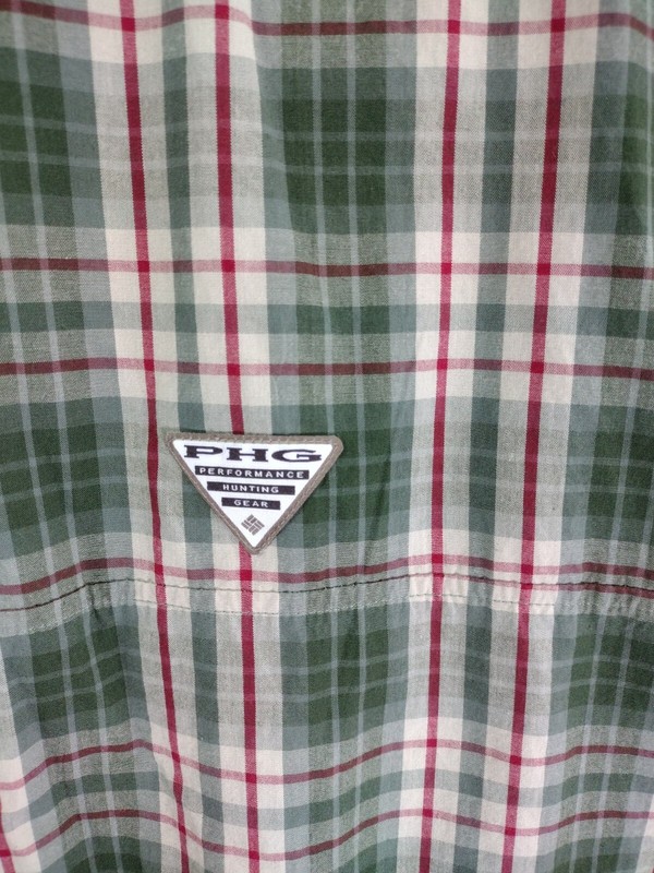 COLUMBIA PFG FISHING / RIVER SHIRT Mens M Olive Green Red Tan Plaid Checked SS gallery