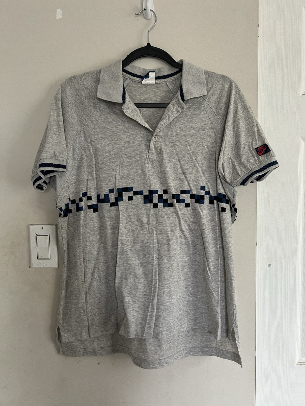 Vintage Nike John McEnroe 85 Challenge Court Checkerboard Tennis Polo Grey Large gallery
