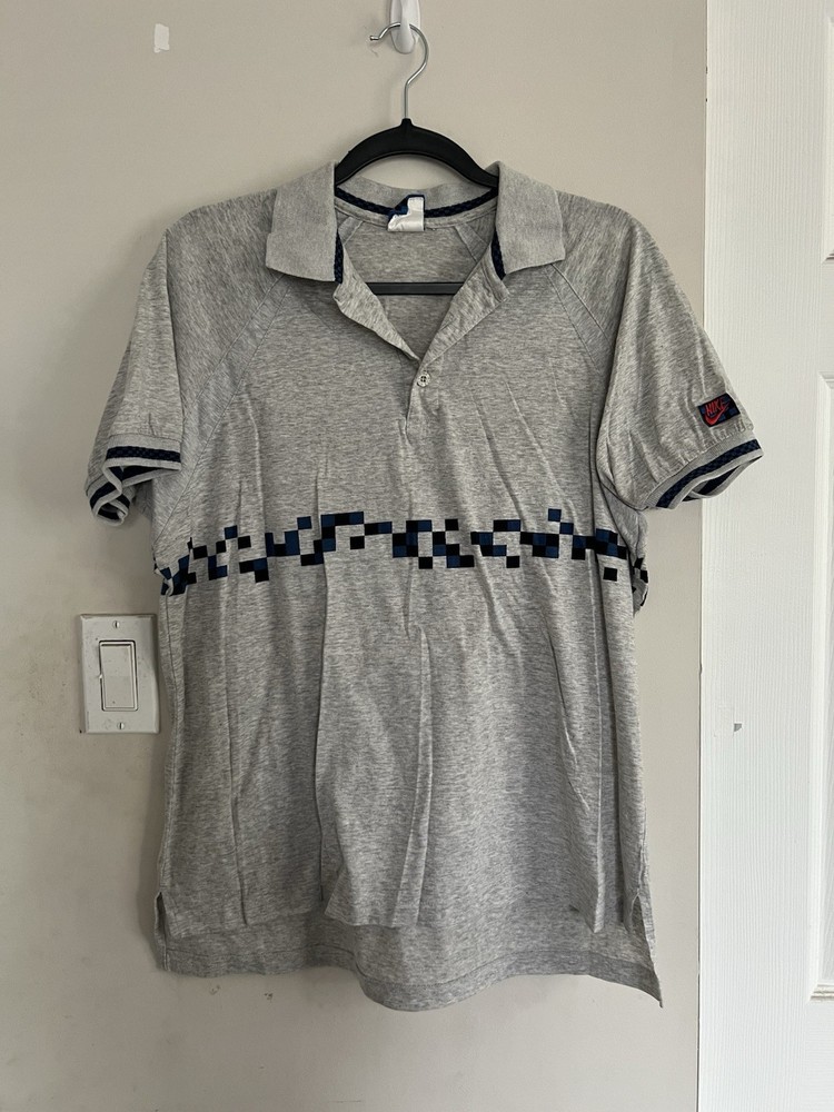 Vintage Nike John McEnroe 85 Challenge Court Checkerboard Tennis Polo Grey Large