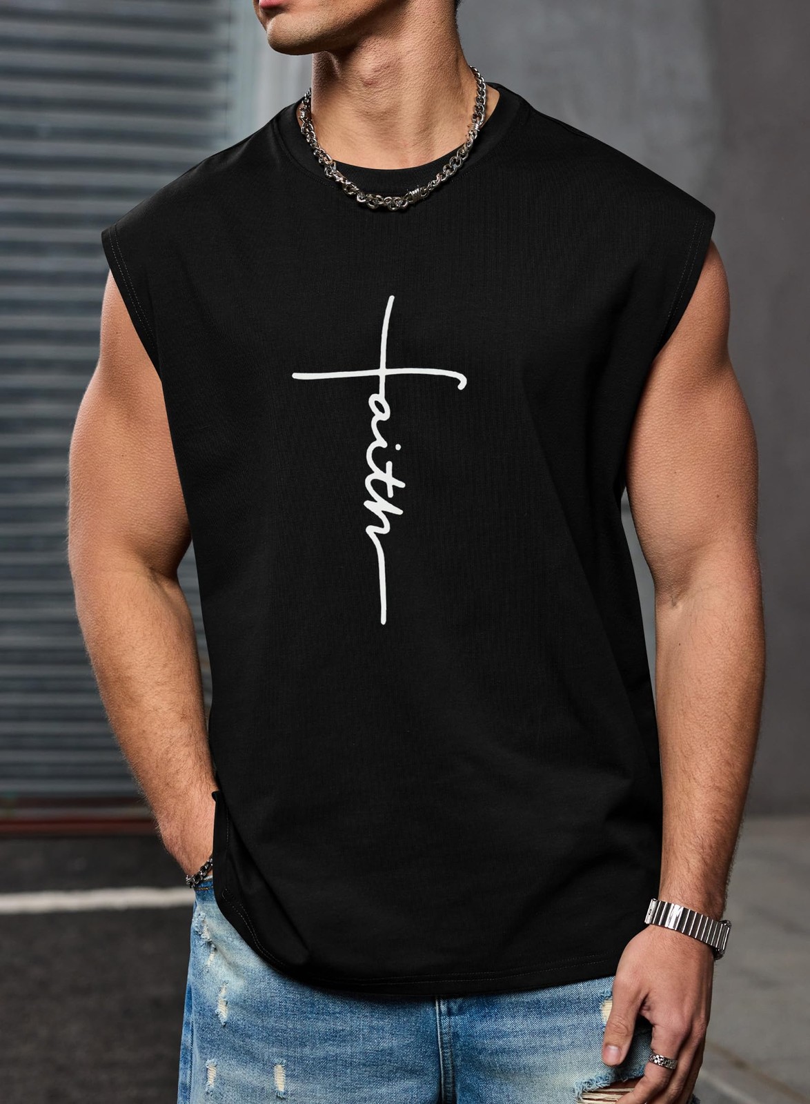 VOGSTART Men's Side Slit Muscle Gym Crewneck Sleeveless Tank Top Black L gallery