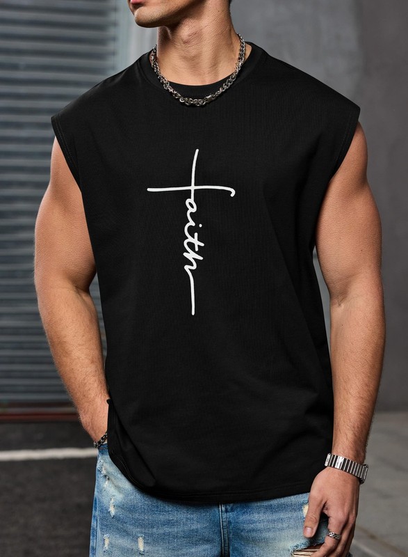 VOGSTART Men's Side Slit Muscle Gym Crewneck Sleeveless Tank Top Black L gallery