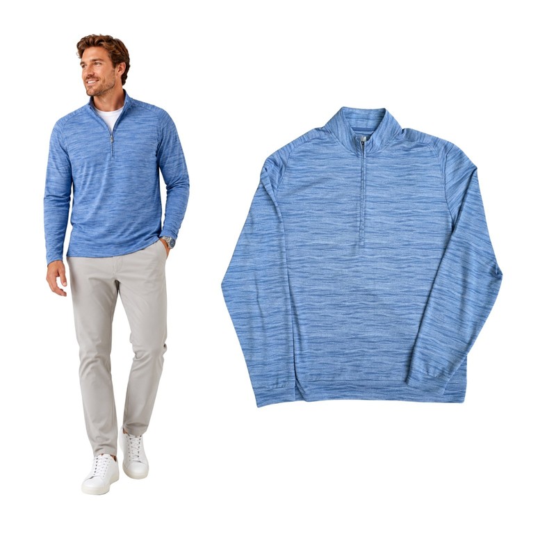 Johnnie-O Pace 1/4 Zip Pullover Lake Blue Space Dye Stretch Performance Large gallery