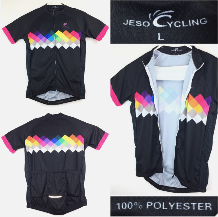 Jeso Adult Large (36 in Bust) Black Multi-Color Full Zip Cycling Bicycle Jersey gallery