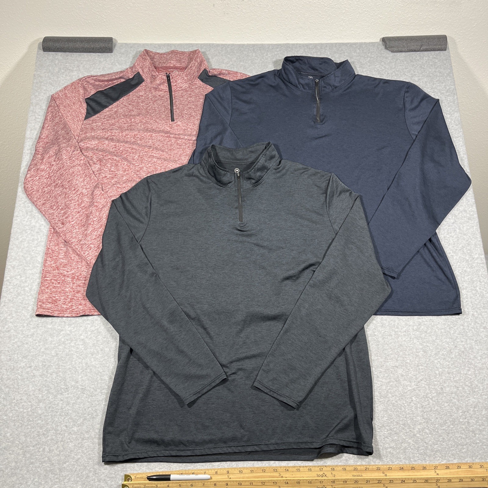 Lot of 3 Real Essentials Men's XL Black Blue Red 1/4 Zip Long Sleeve Lightweight gallery
