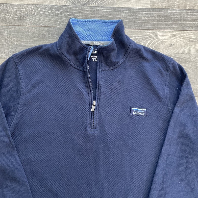 LL Bean Quarter Zip Pullover Men’s LARGE TALL Navy Blue Trad Fit Pique 514037 gallery