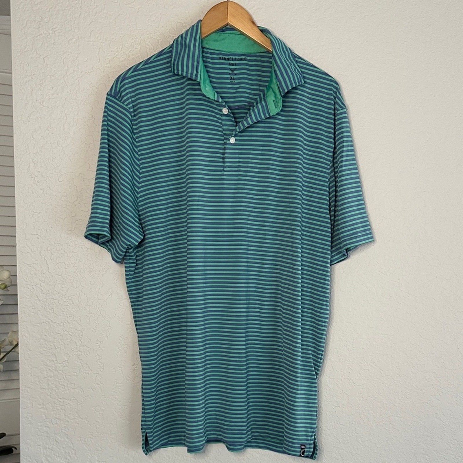 Kenneth Cole Golf Polo Shirt Green Blue Stripe Preppy Outdoor KC Logo Men's XL gallery
