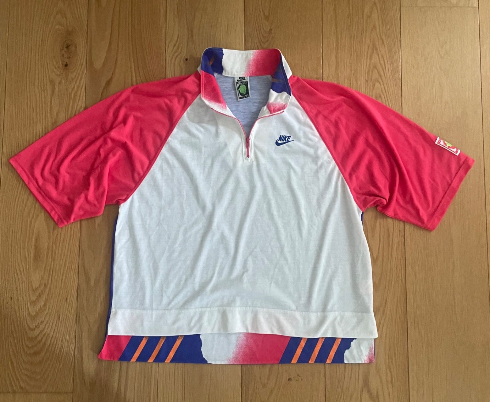 VTG Nike Challenge Court Agassi Short Sleeve 1/4 Zip Top Pink White Large gallery