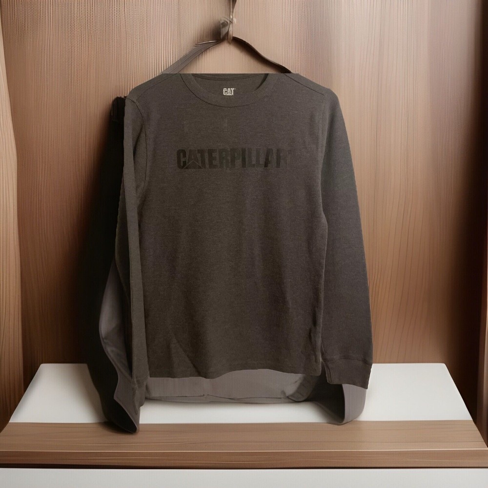 Men’s Caterpillar Long Sleeve Thermal Shirt Small Black Logo Waffle Knit CAT
