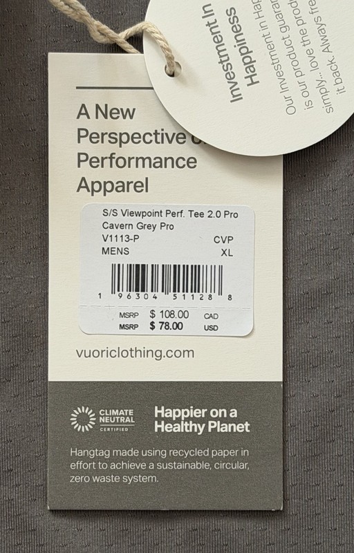 Vuori Short Sleeve Viewpoint Performance Tee 2.0 Cavern Grey Sz XL V1113-P NWT gallery