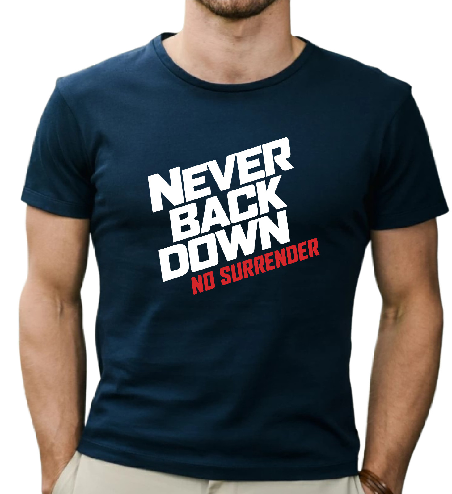 NEVER BACK DOWN Logo Printed T-Shirts, Unisex Logo T-Shirts with Customization gallery