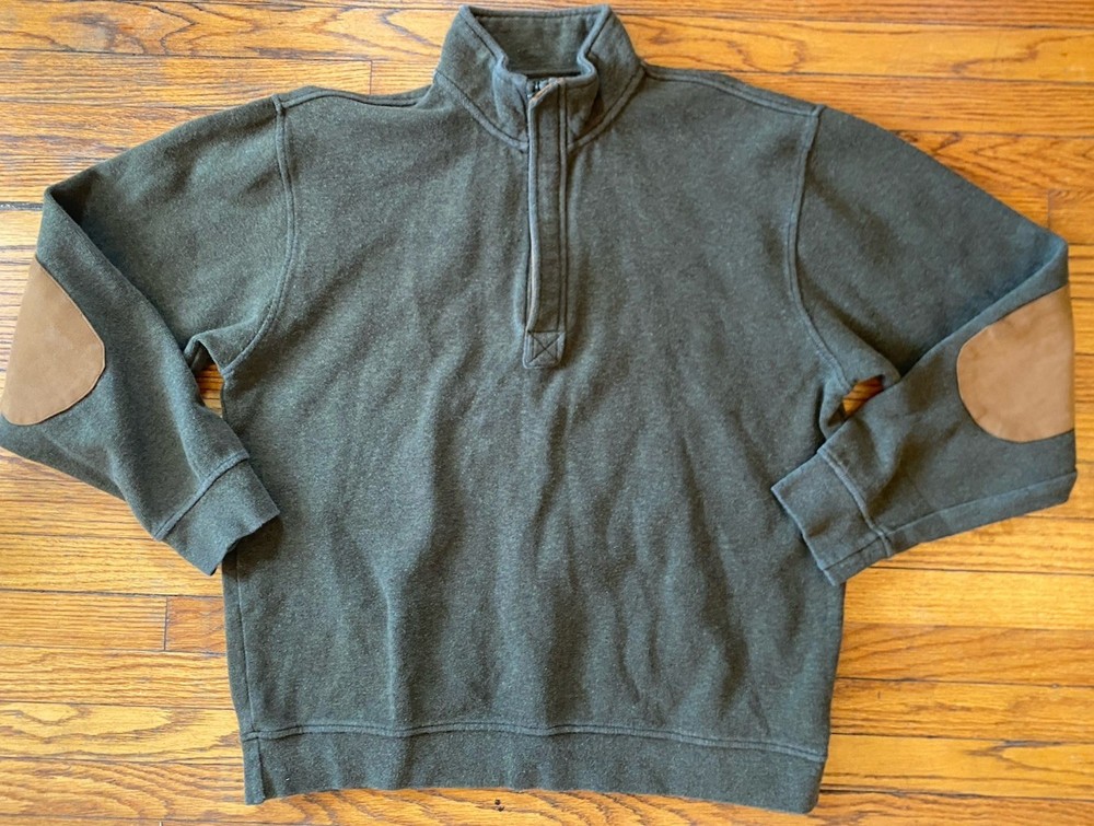 Men's Orvis Simoom Tweed Quarter Zip Sweatshirt Green Large, Elbow Patches