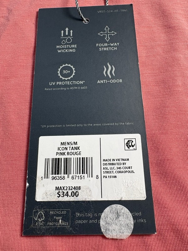 VRST Men's Medium Pink Rouge Icon Tank Tee Moisture Wicking Stretch UPF30+ NWT gallery