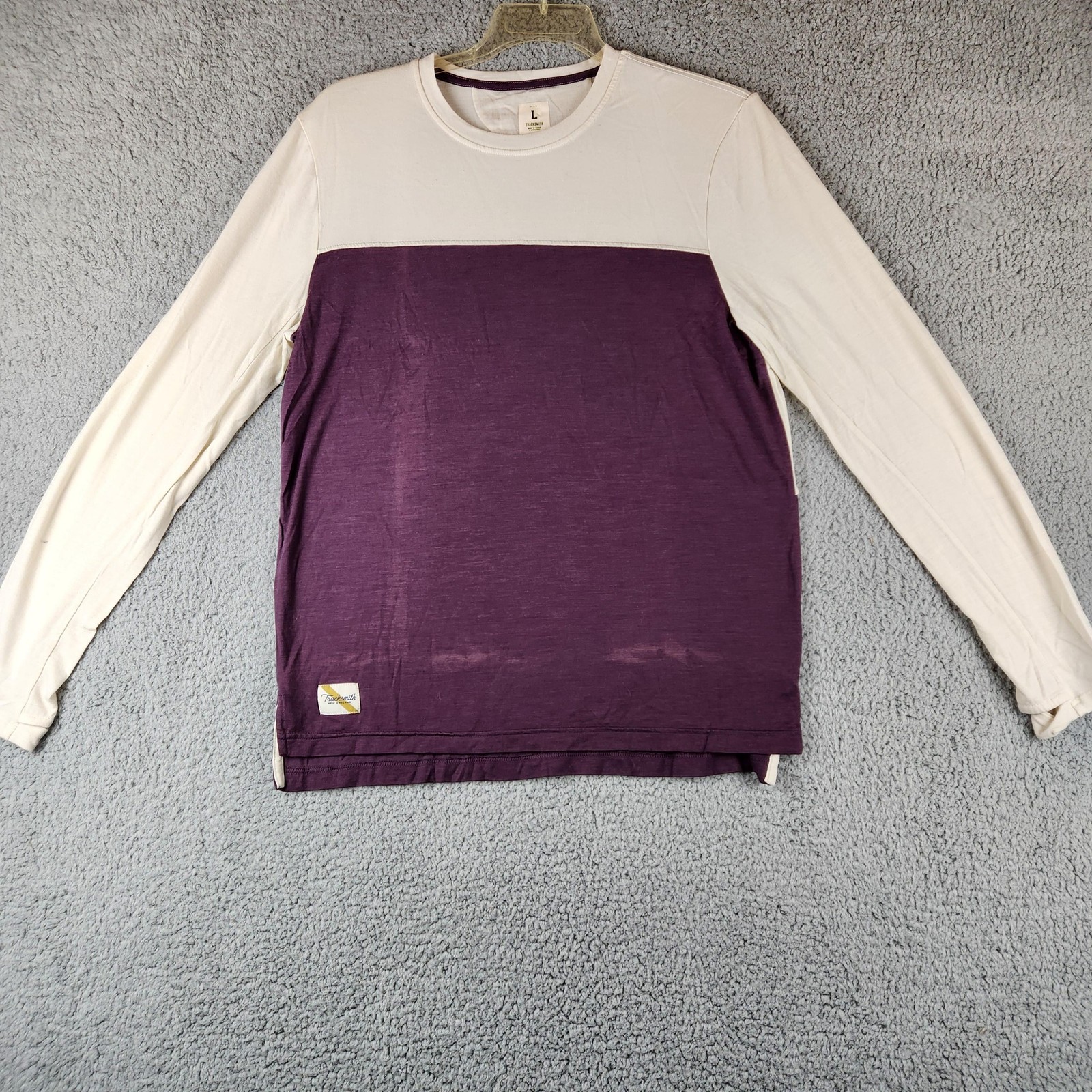 Tracksmith Long Sleeve Shirt Mens Large Purple Cream Colorblock Merino Running gallery