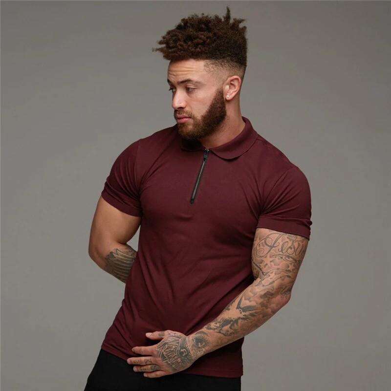 Mens T Shirts Casual Fashion Gym Fitness Short Sleeve Zip Muscle Guy Polo Shirt gallery