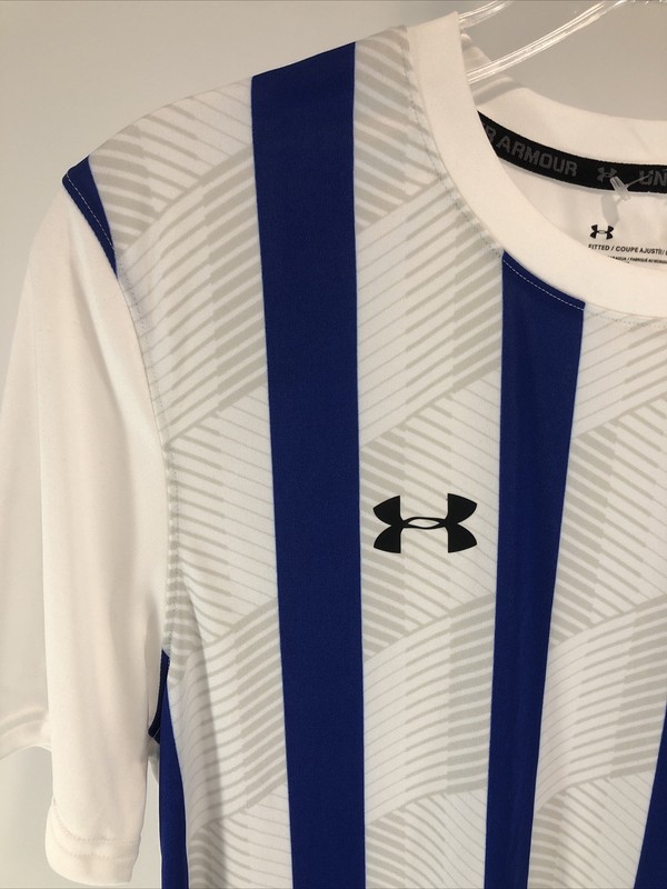 Under Armour Mens Striped Soccer Jersey Size Small Blu/Wht/Gry NWT gallery