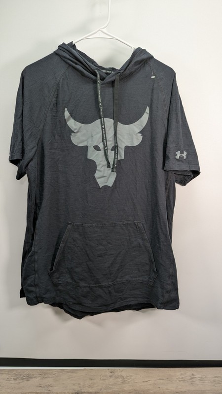Project Rock Under Armour Men's Large Shirt Sleeve Gym Hoodie Black Graphic gallery