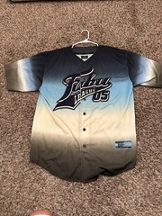 Vintage 90s FUBU Baseball Jersey 2XL Ombre Gradient Patch Script Logo Blue Black