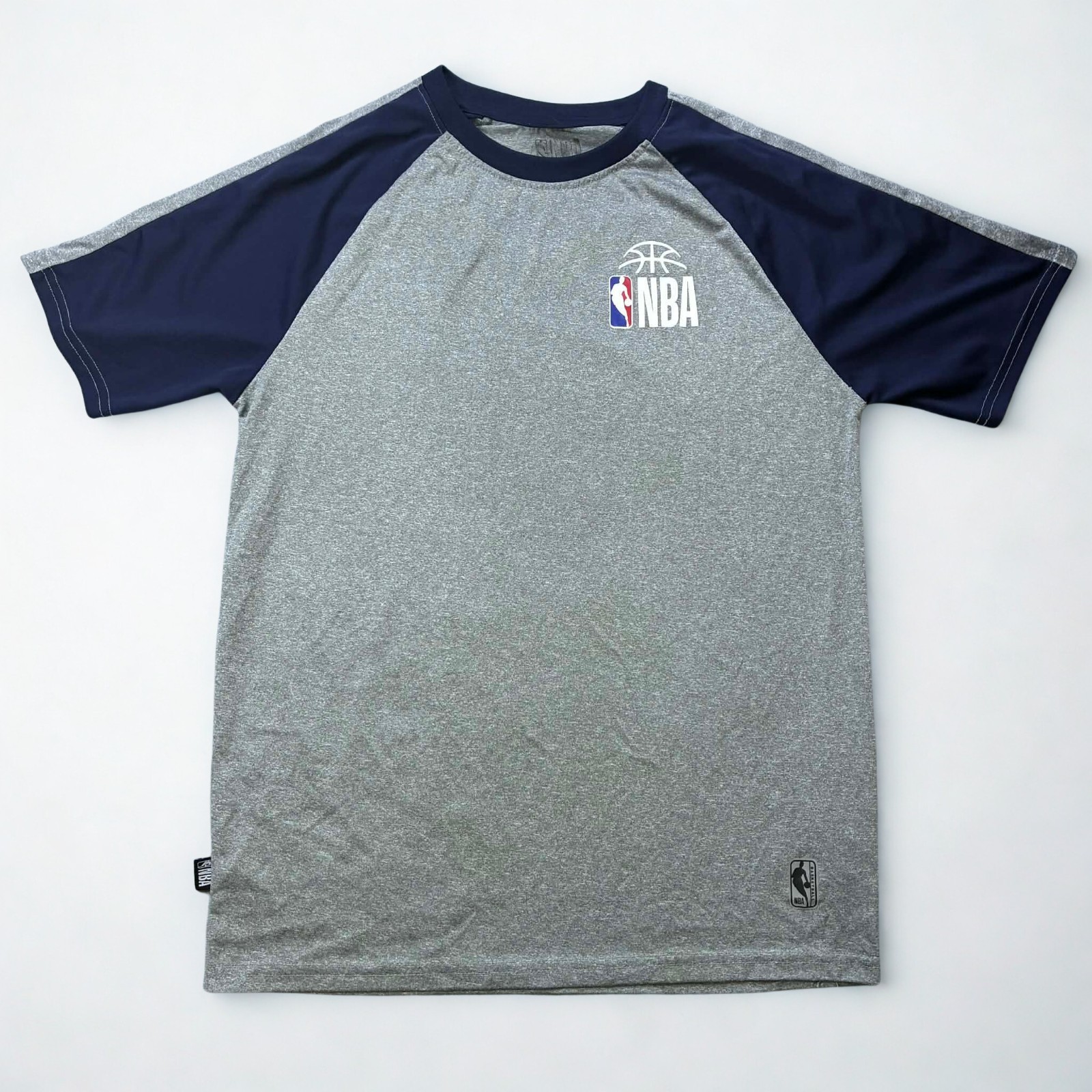 NBA T Shirt Men Medium Gray Navy Raglan Athletic Basketball Logo Performance Tee gallery