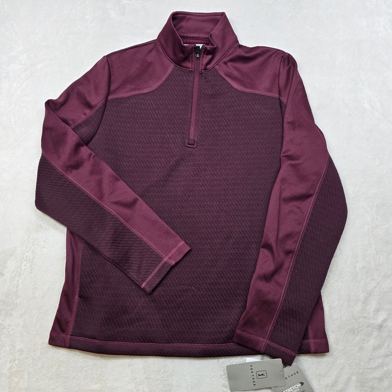 PGA TOUR Thermal 1/4 Zip Golf Pullover Mens Small Burgundy Stretch Warm $85 NEW gallery