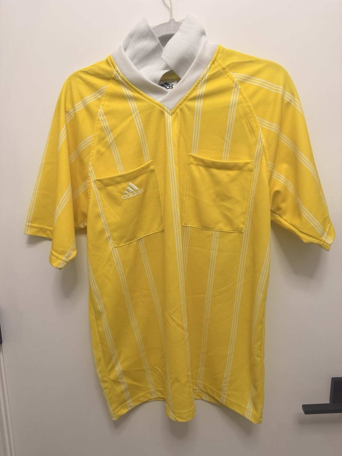 Adidas Referee Shirt Mens XL Yellow Striped Two Pocket Soccer V Neck Polo Collar gallery