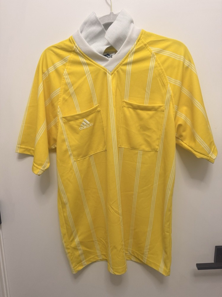 Adidas Referee Shirt Mens XL Yellow Striped Two Pocket Soccer V Neck Polo Collar