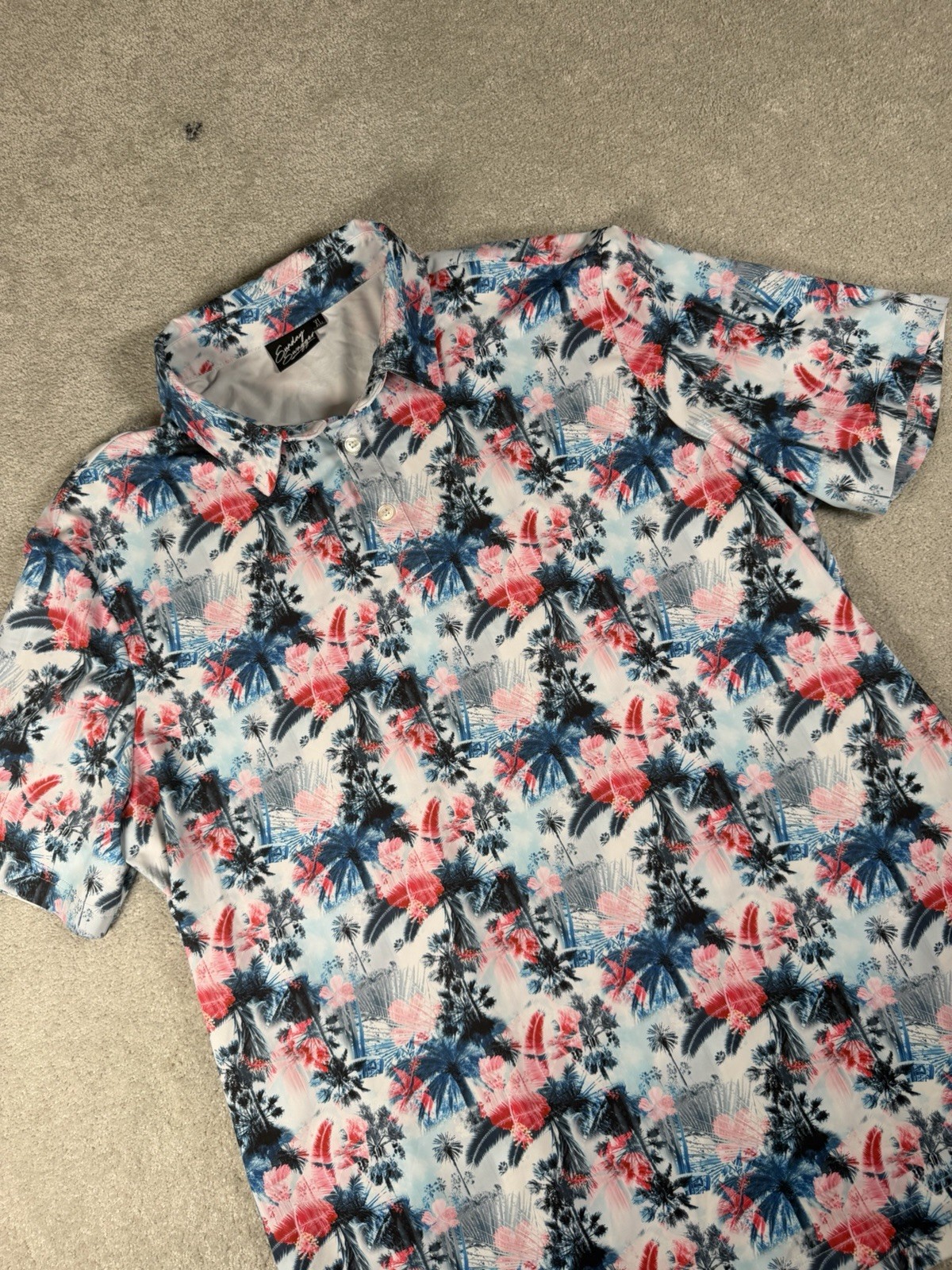 Sunday Swagger Blue Pink Palmera Palm Tree AOP Polo Golf Shirt XL Rare UPF 40 gallery