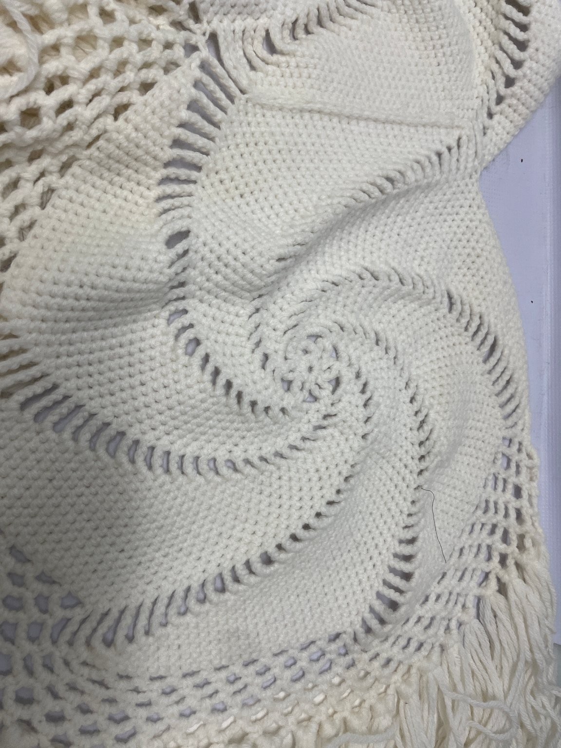 Handmade Crocheted Shawl Poncho Cream Spiral Fringe Knit Boho Warm gallery