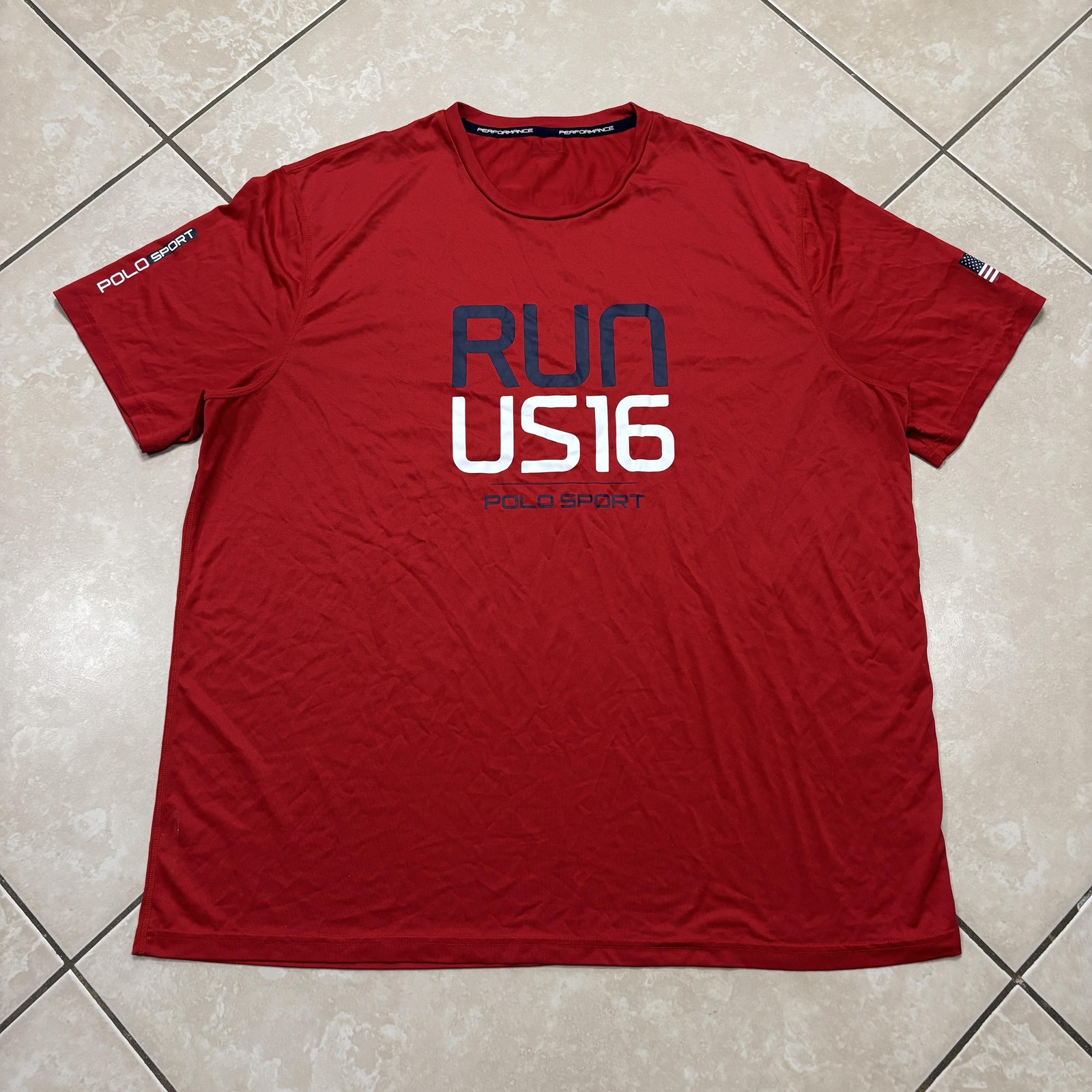 Polo Sport RUN US16 USA Flag Shirt Mens XL Red Short Sleeve Performance Running gallery