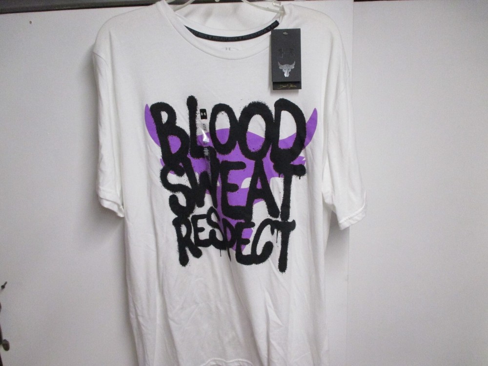 UNDER ARMOUR "THE ROCK" MENS T SHIRT (LRG) NWT WHITE "BLOOD SWEAT RESPECT" LOGO