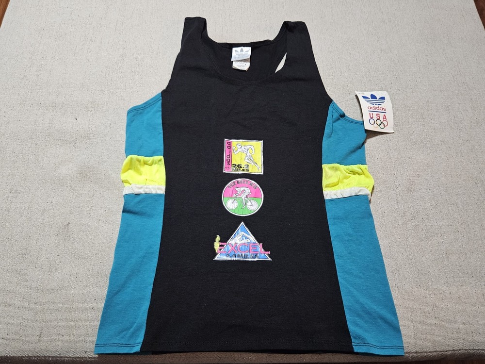Vintage Adidas Made USA Olympics Triathlon Tank Top Black Trefoil Neon Deadstock
