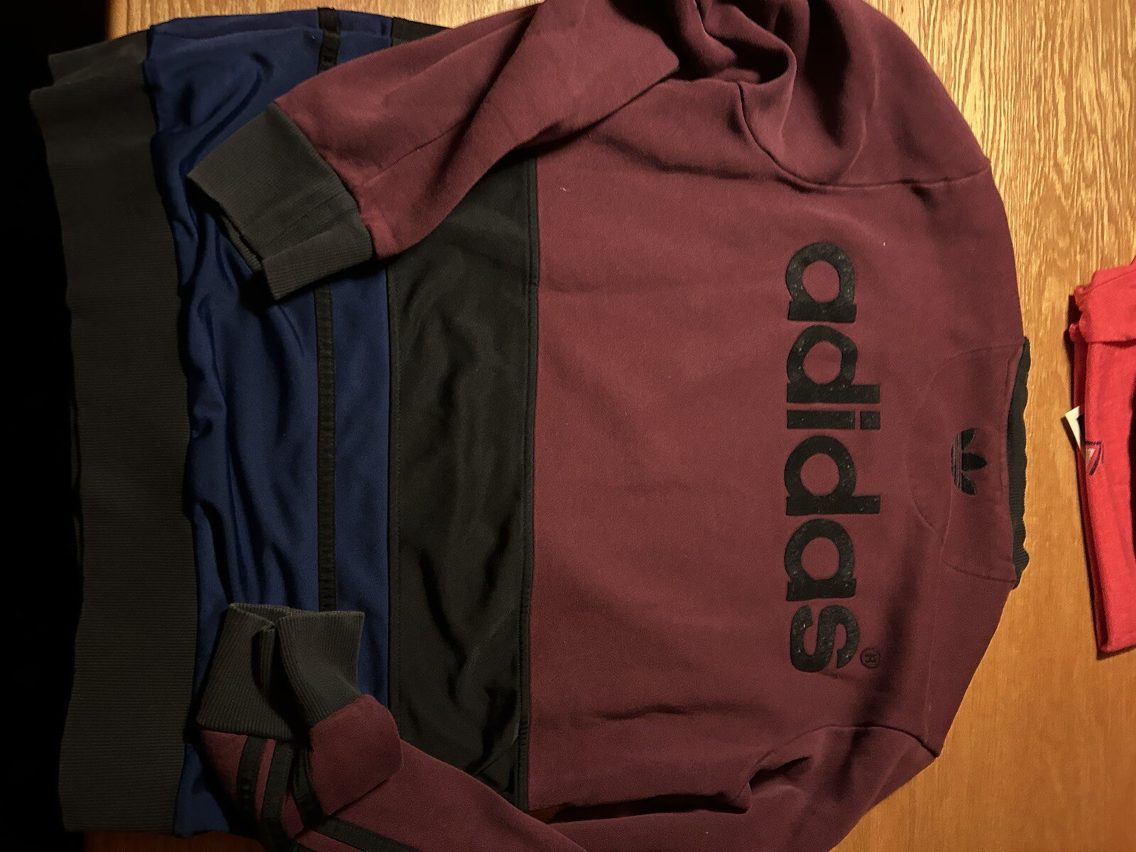Adidas Sweater Mens XL Maroon Black Blue Pullover Comfort Suede Paisley Logo gallery