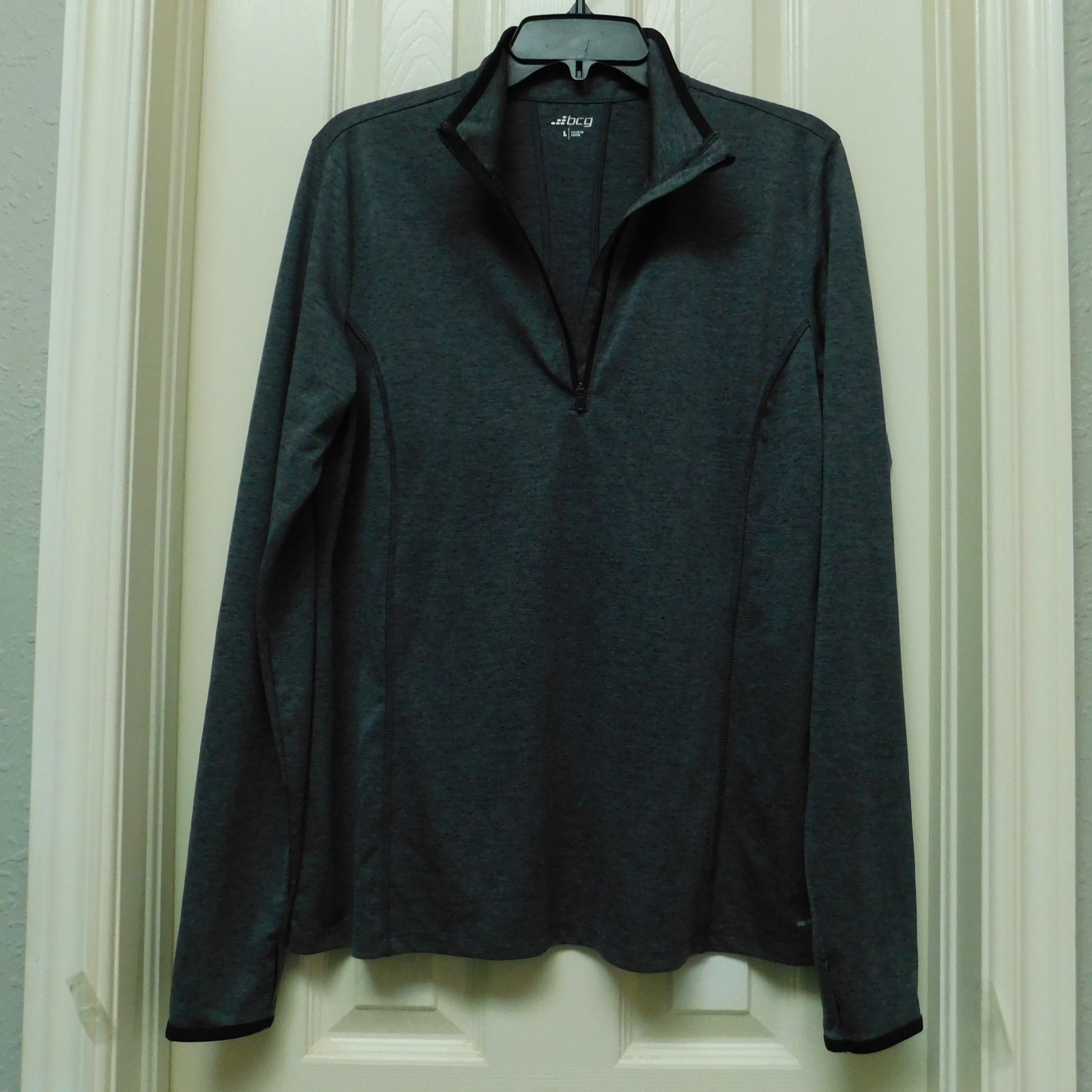 BCG Pullover 1/4 Zip Activewear Charcoal Gray L/S Thumb Holes Jersey Knit Mens L gallery