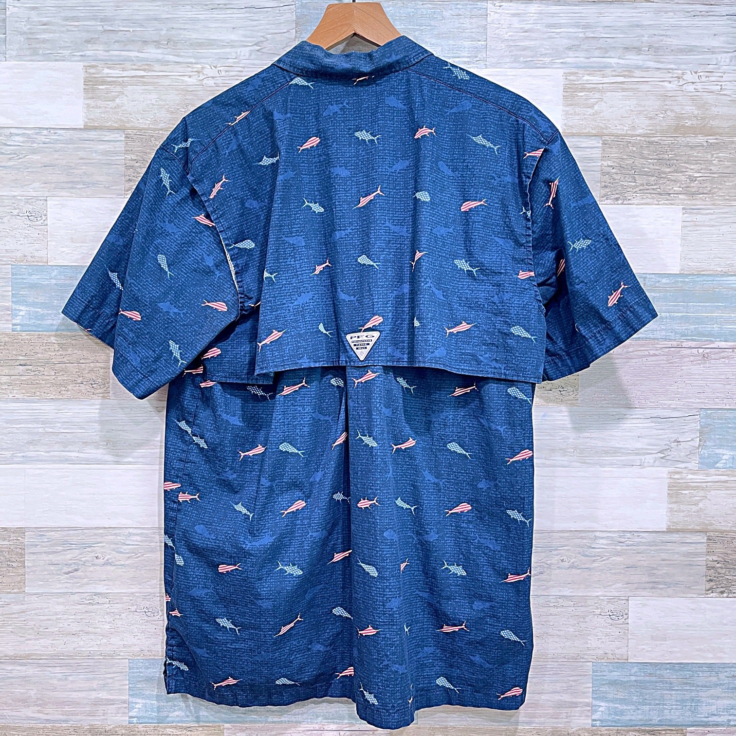 Columbia PFG USA America Flag Fish Short Sleeve Shirt Blue Button Up Mens Large gallery